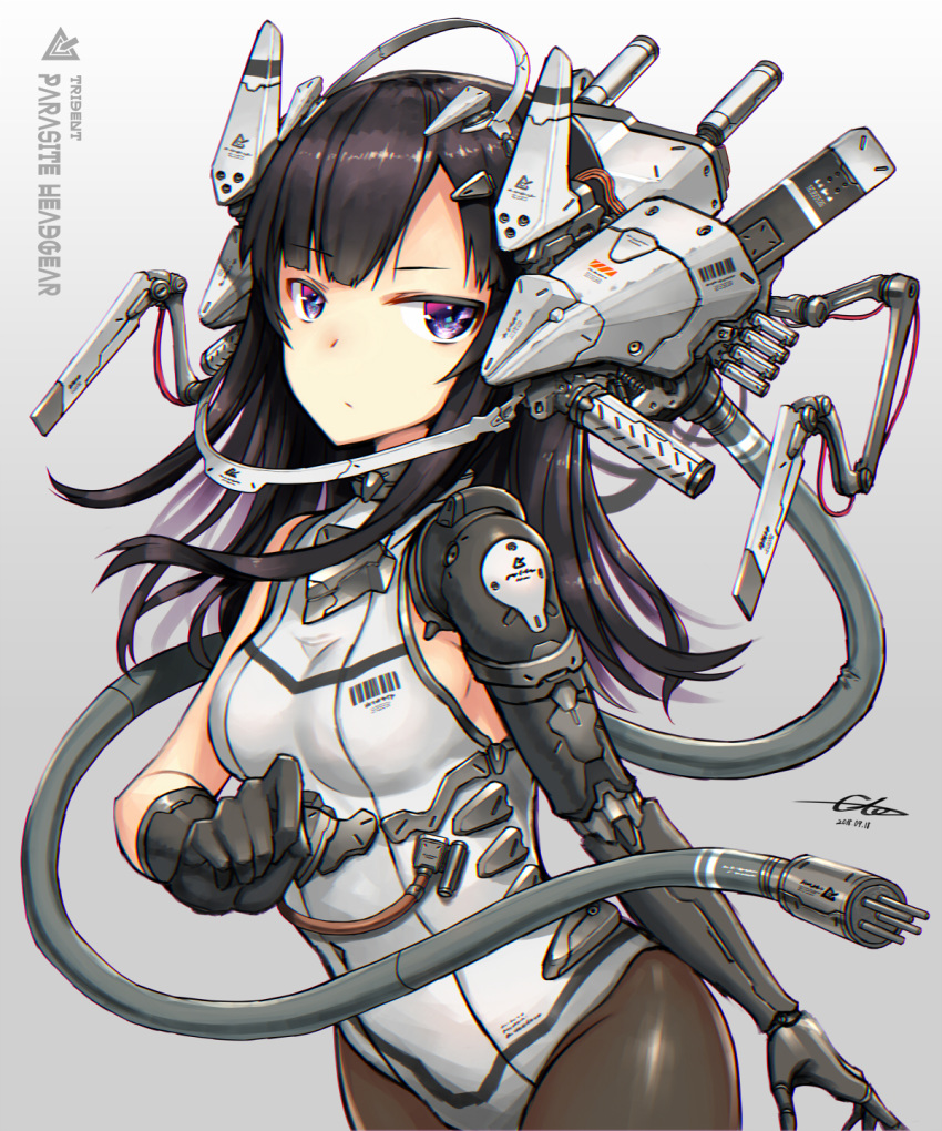 arm_at_side asymmetrical_bangs bangs barcode bare_shoulders black_gloves black_hair breasts brown_legwear commentary_request covered_navel cowboy_shot dated eyebrows_visible_through_hair gia gloves gradient gradient_background grey_background headgear highres leaning_forward leotard long_hair looking_at_viewer machinery mecha_musume medium_breasts original pantyhose prosthesis prosthetic_arm purple_eyes shiny shiny_hair sideboob signature single_glove solo white_leotard
