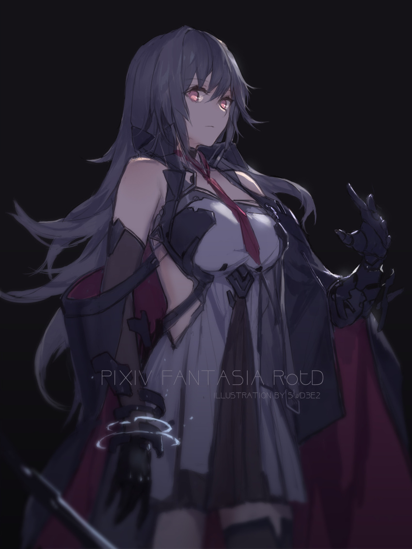 artist_name black_gloves black_legwear breasts copyright_name cowboy_shot dress eyebrows_visible_through_hair floating_hair gloves grey_hair hair_between_eyes highres large_breasts long_hair looking_at_viewer necktie original pixiv_fantasia pixiv_fantasia_revenge_of_the_darkness red_eyes red_neckwear short_dress sleeveless sleeveless_dress solo standing swd3e2 thighhighs very_long_hair