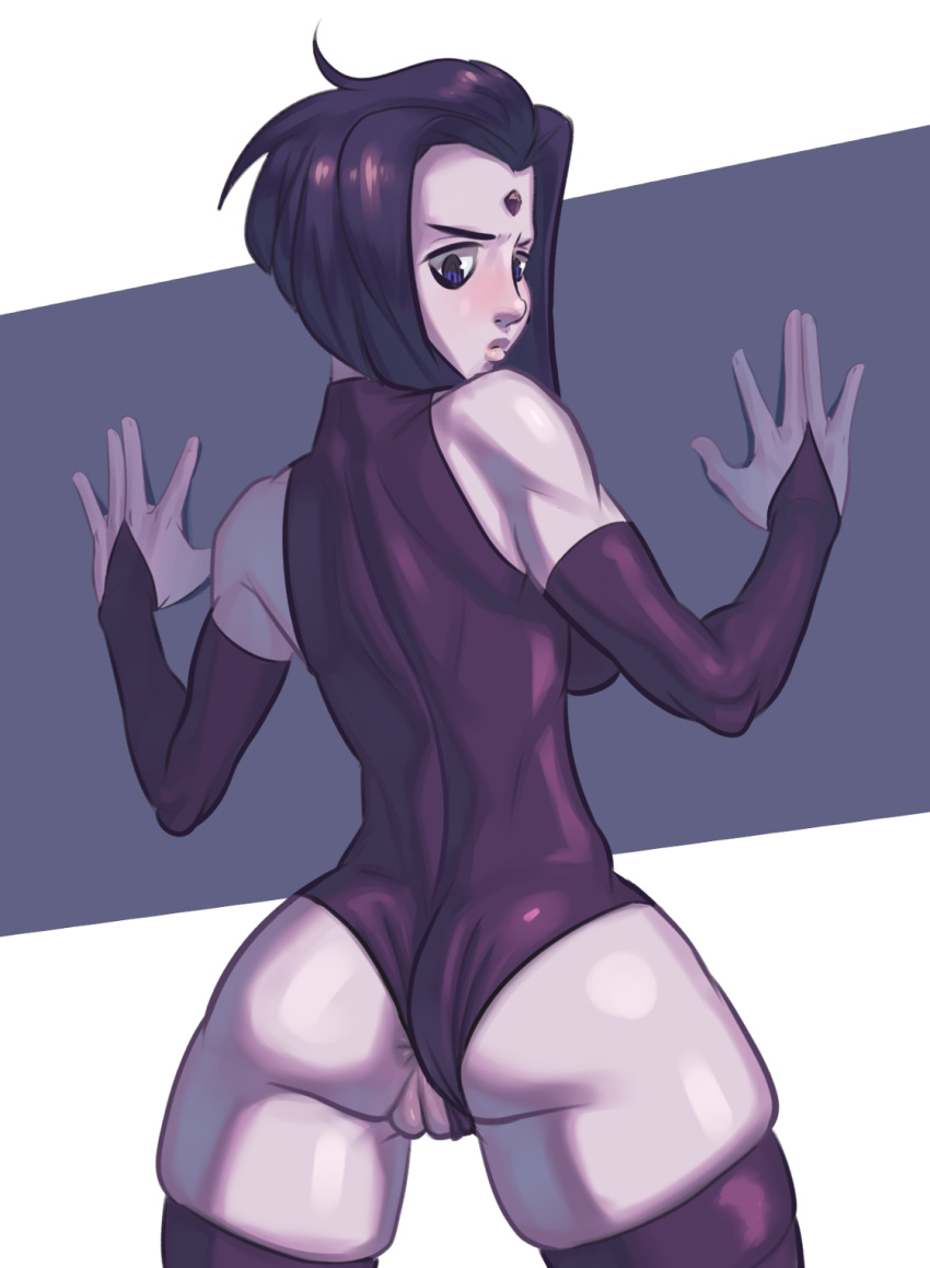 00s adapted_costume anus ass back big_ass blue_eyes blue_hair blush breasts cartoon_network dc_comics female from_behind leotard leotard_aside looking_back looking_down muscle muscular_female playzholder pussy raven_(dc) solo teen_titans thick_thighs thighhighs thighs