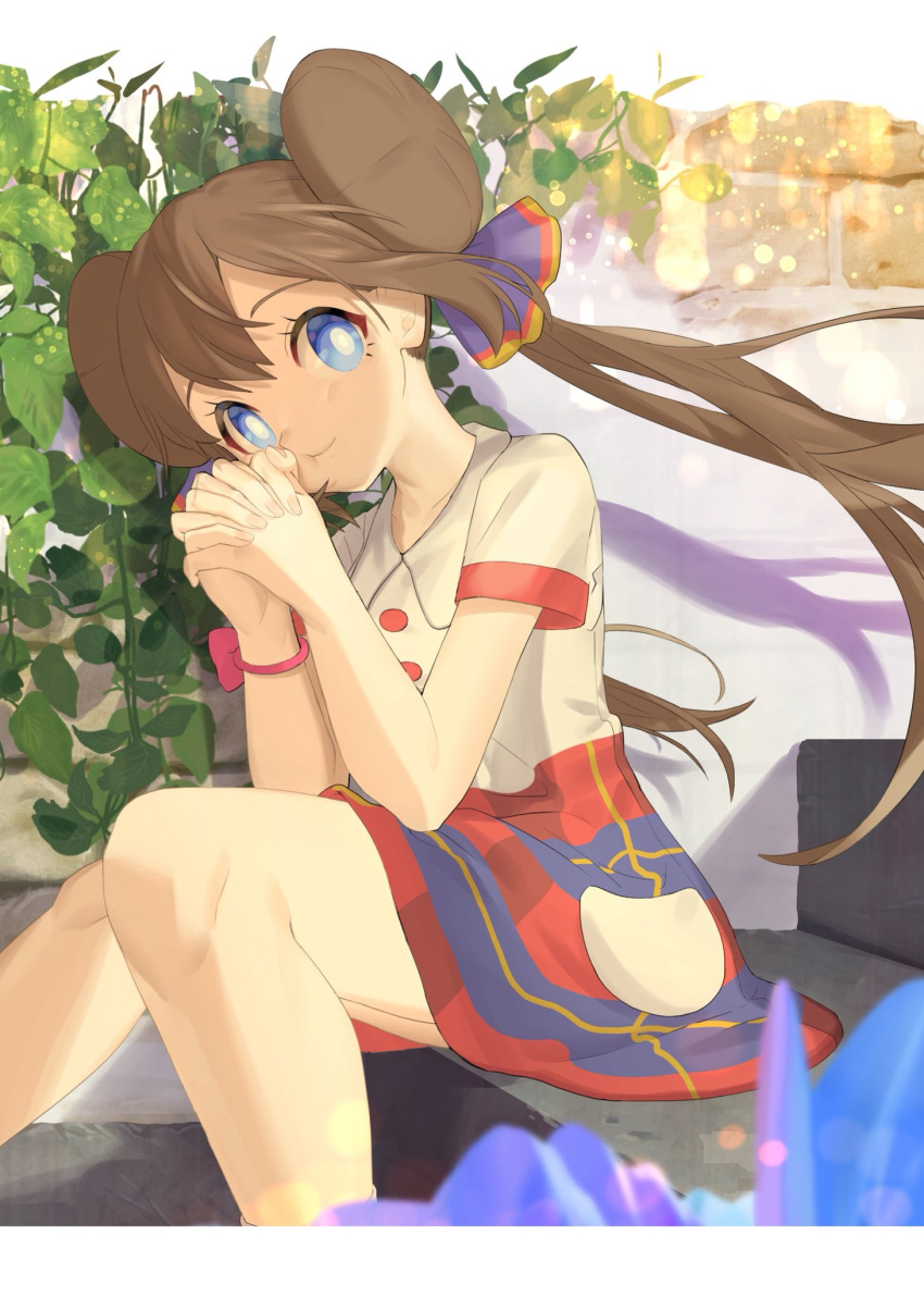 ankea_(a-ramo-do) bangs blue_eyes bow bracelet brick_wall brown_hair closed_mouth collared_shirt double_bun hair_between_eyes hair_ornament hair_ribbon hands_clasped highres jewelry knees_touching long_hair looking_at_viewer mei_(pokemon) miniskirt own_hands_together pink_bow plant pokemon pokemon_(game) pokemon_bw2 red_button red_sleeves ribbon school_uniform serafuku shadow shirt short_sleeves sitting skirt smile solo vines water_drop white_legwear white_pupils white_shirt