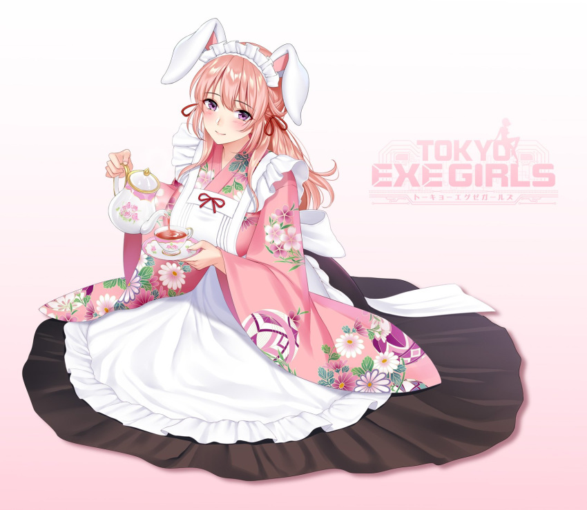 animal_ears apron bangs blush bunny_ears closed_mouth cup eyebrows_visible_through_hair fake_animal_ears floral_print flower frills full_body gradient gradient_background highres japanese_clothes logo long_hair long_skirt long_sleeves looking_at_viewer maid_headdress official_art pink_background pink_hair purple_eyes shimashima08123 shiny shiny_hair simple_background sitting skirt solo tea teacup teapot tokyo_exe_girls wa_maid wide_sleeves
