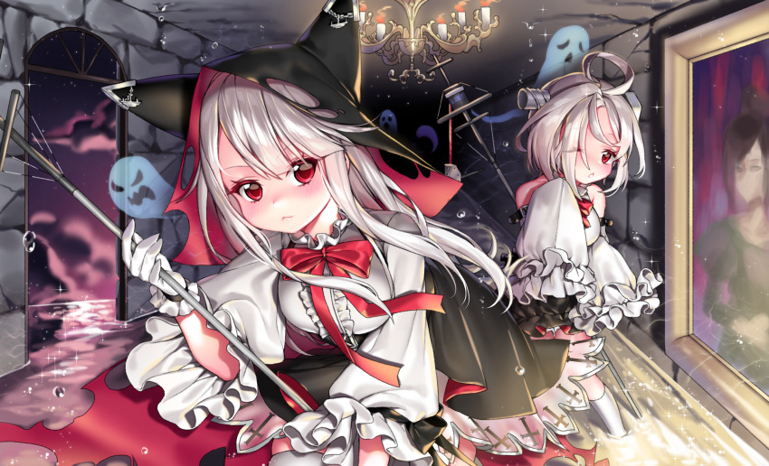 ahoge animal_ears animal_hood azur_lane bangs bare_shoulders black_skirt blurry blurry_background blush bolt breasts burning candle center_frills chandelier closed_mouth cloud cloudy_sky commentary_request depth_of_field detached_sleeves erebus_(azur_lane) eyebrows_visible_through_hair fire frills ghost gloves hair_between_eyes highres holding hood hood_up ia_(ias1010) indoors kneehighs leaning_forward long_hair long_sleeves looking_at_viewer medium_breasts multiple_girls one_eye_closed painting_(object) parted_lips pleated_skirt puffy_long_sleeves puffy_sleeves red_eyes shirt silver_hair skirt sky sleeveless sleeveless_shirt sparkle standing terror_(azur_lane) thighhighs very_long_hair water white_gloves white_legwear white_shirt wide_sleeves