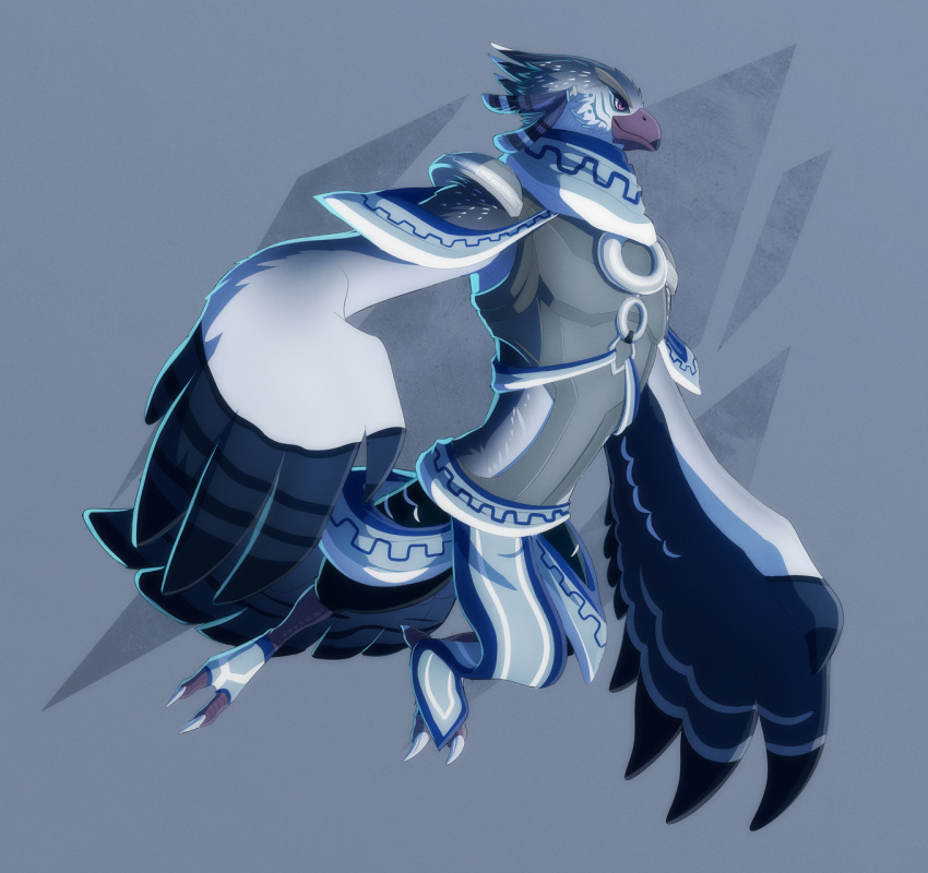2018 anthro avian beak bird breath_of_the_wild clothed clothing digital_media_(artwork) essence_of_rapture fan_character feathers male nintendo rito simple_background smile solo the_legend_of_zelda vari_(yufuria) video_games wings