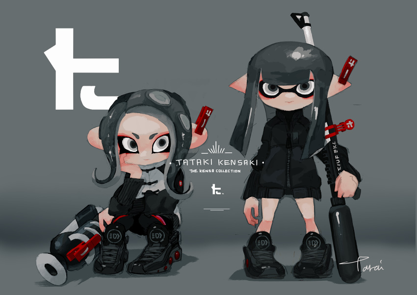 :&gt; black_footwear black_jacket clothes_pin commentary_request ear_tag expressionless full_body grey_background grey_eyes grey_hair hand_on_own_face highres holding holding_weapon inkling jacket looking_at_viewer medium_hair multiple_girls octoling pointy_ears shoes simple_background sneakers splat_charger_(splatoon) splatoon_(series) splatoon_2 splattershot_(splatoon) squatting standing tarai_(silica5) tentacle_hair weapon