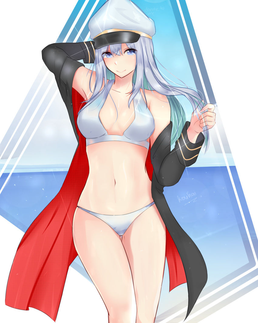 absurdres azur_lane bangs beach bikini black_coat breasts closed_mouth coat commentary_request cowboy_shot day enterprise_(azur_lane) eyebrows_visible_through_hair hair_between_eyes harmhaunters hat highres large_breasts long_hair looking_at_viewer ocean open_clothes open_coat peaked_cap purple_eyes silver_hair sleeveless smile solo swimsuit thighs white_hat