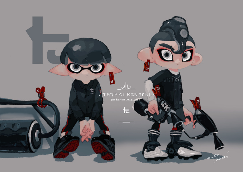 black_footwear clothes_pin commentary_request ear_tag expressionless full_body grey_background grey_eyes grey_hair holding holding_weapon inkling looking_at_viewer multiple_boys octoling pointy_ears shoes short_hair simple_background sitting sneakers splat_dualies_(splatoon) splat_roller_(splatoon) splatoon_(series) splatoon_2 standing tarai_(silica5) thick_eyebrows weapon