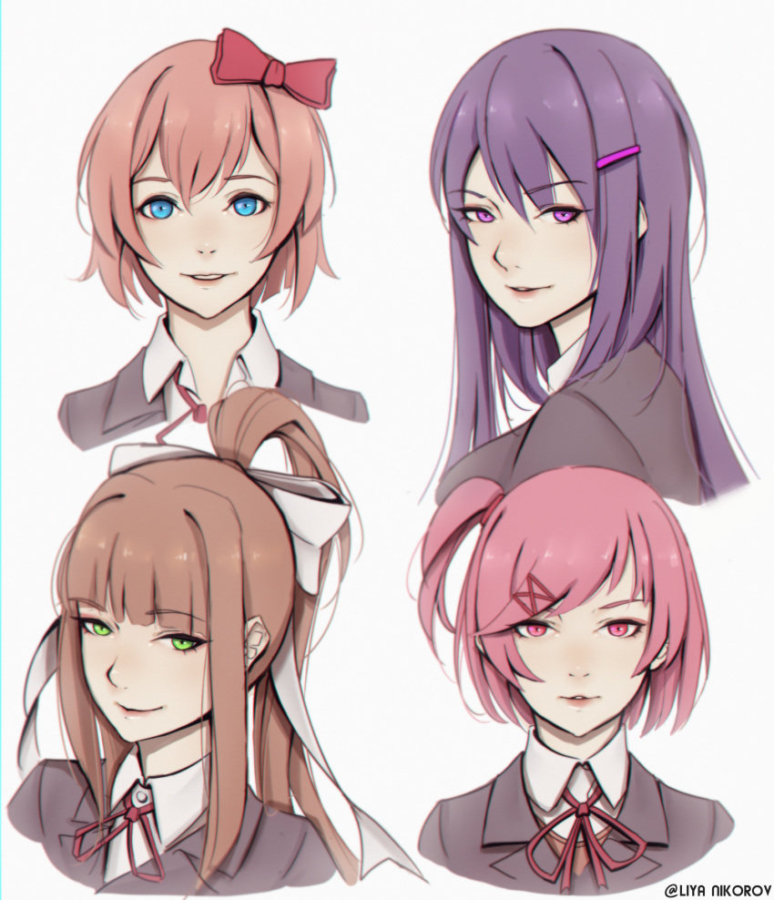 absurdres artist_name blue_eyes bow brown_hair collared_shirt commentary commission doki_doki_literature_club english_commentary eyebrows_visible_through_hair eyes_visible_through_hair green_eyes grey_jacket hair_bow hair_ornament hair_ribbon hairclip highres huge_filesize jacket liya_nikorov looking_at_viewer monika_(doki_doki_literature_club) multiple_girls natsuki_(doki_doki_literature_club) one_side_up parted_lips pink_eyes pink_hair ponytail purple_eyes purple_hair red_bow ribbon sayori_(doki_doki_literature_club) school_uniform shirt simple_background smile twitter_username white_background white_ribbon white_shirt yuri_(doki_doki_literature_club)