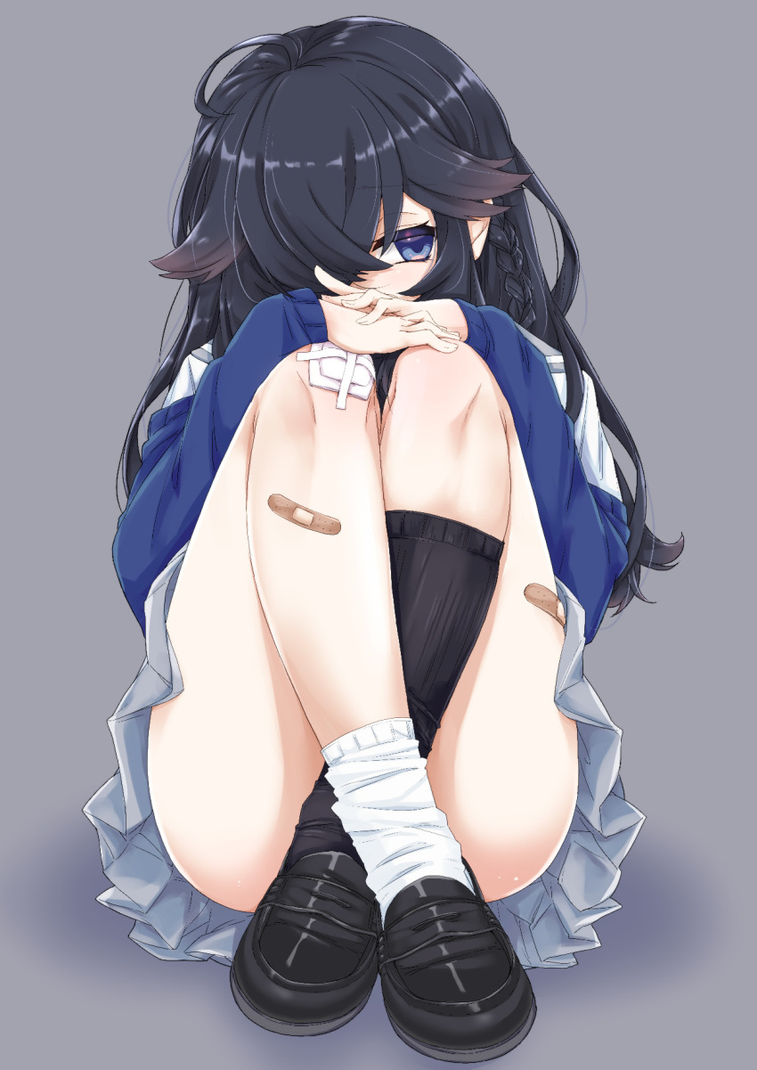 ahoge asymmetrical_legwear bandaid bandaid_on_knee black_footwear black_hair black_legwear blue_eyes blue_jacket commentary_request covering_mouth eyebrows_visible_through_hair full_body grey_background hair_over_one_eye hands_on_own_knees hands_together highres itou_ayachi izumo_kasumi_(nijisanji) jacket kneehighs knees_up loafers long_hair long_sleeves nijisanji off_shoulder pleated_skirt school_uniform shadow shirt shoes simple_background sitting skirt socks solo virtual_youtuber wavy_hair white_legwear white_shirt