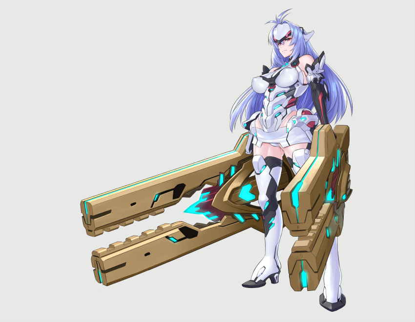 android blue_hair breasts cyborg elbow_gloves forehead_protector full_body gloves gun kos-mos kos-mos_re: long_hair looking_at_viewer nintendo red_eyes thighhighs underboob weapon xenoblade xenoblade_(series) xenoblade_2 xenosaga