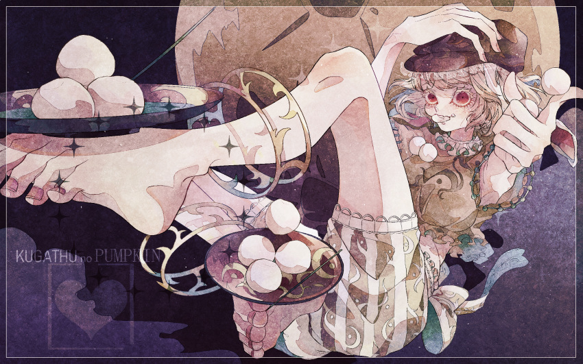 animal_ears back_bow bare_legs barefoot blonde_hair bow breasts brown_hat bunny_ears bunny_tail colored_eyelashes commentary_request crop_top dango eating food frilled_hat frilled_shirt frills full_body full_moon hand_on_headwear hat heart highres looking_at_viewer moon nail_polish orabi plate red_eyes ringo_(touhou) shirt short_hair short_sleeves shorts solo striped striped_shorts tail toenail_polish toenails touhou wagashi