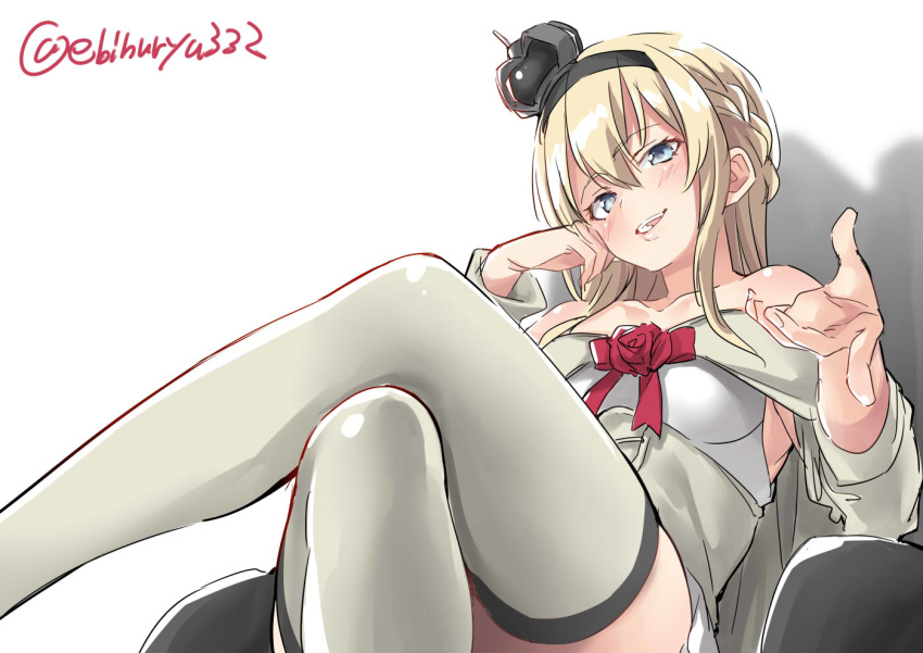 black_hairband blonde_hair blue_eyes braid commentary_request crossed_legs crown dress ebifurya feet_out_of_frame flower french_braid hairband index_finger_raised jewelry kantai_collection leaning_back long_hair long_sleeves looking_at_viewer mini_crown necklace off-shoulder_dress off_shoulder red_flower red_rose rose simple_background sitting solo thighhighs twitter_username warspite_(kantai_collection) white_background white_dress white_legwear