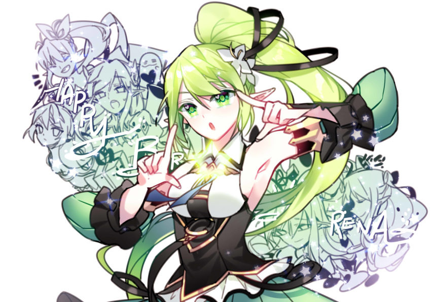 :o anemos_(elsword) armpits bare_shoulders chuki_(lydia) combat_ranger_(elsword) elf elsword grand_archer_(elsword) green_eyes green_hair green_sleeves happy_birthday highres long_hair multiple_girls night_watcher_(elsword) pointy_ears rena_(elsword) side_ponytail star wind_sneaker_(elsword)