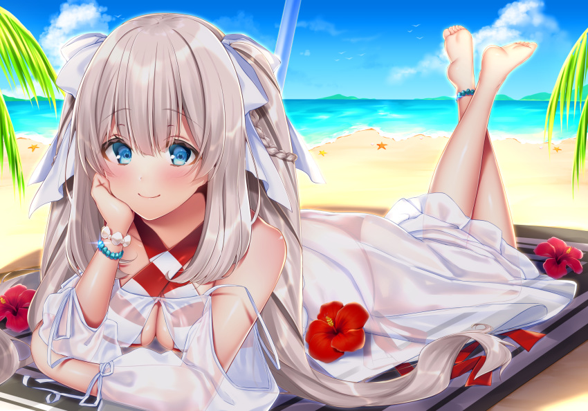 arm_support bangs bare_shoulders barefoot beach bikini bikini_under_clothes blue_sky blush bow braid breasts cleavage closed_mouth cloud collarbone commentary_request cosplay criss-cross_halter day dress eyebrows_visible_through_hair fate/grand_order fate_(series) feet flower hair_between_eyes hair_bow halterneck highres horizon jiiwara legs_up long_hair long_sleeves lying marie_antoinette_(fate/grand_order) medium_breasts nero_claudius_(fate)_(all) nero_claudius_(swimsuit_caster)_(fate) nero_claudius_(swimsuit_caster)_(fate)_(cosplay) ocean on_stomach outdoors puffy_long_sleeves puffy_sleeves red_flower sand see-through side-tie_bikini silver_hair sky smile soles solo striped striped_bikini swimsuit the_pose twintails very_long_hair water white_bow white_dress