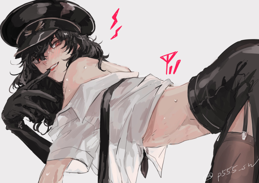 alternate_legwear amamiya_ren biting black_gloves black_hair blush commentary_request crossdressing garter_straps glove_biting gloves hat heart heart-shaped_pupils leaning_forward long_hair looking_at_viewer male_focus off_shoulder open_clothes open_shirt otoko_no_ko partially_undressed persona persona_5 persona_5:_dancing_star_night persona_dancing police police_hat police_uniform sawa2 skirt smile solo stomach sweat symbol-shaped_pupils thighhighs uniform wig