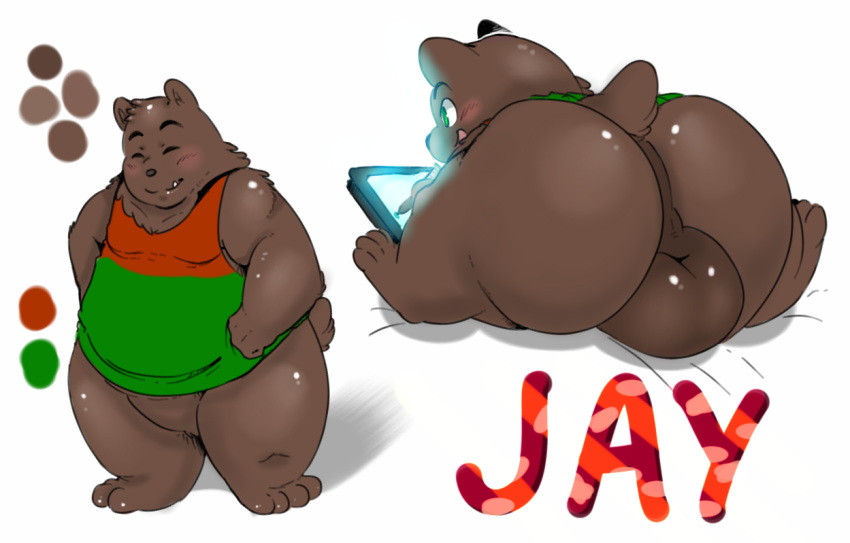2014 anthro backsack balls bear big_balls big_butt blush brown_fur butt digital_media_(artwork) eyes_closed fur green_eyes jay_(hadou) male mammal model_sheet overweight overweight_male presenting presenting_hindquarters satsui-n0-had0u simple_background sitting slightly_chubby smile solo standing tablet tongue tongue_out white_background