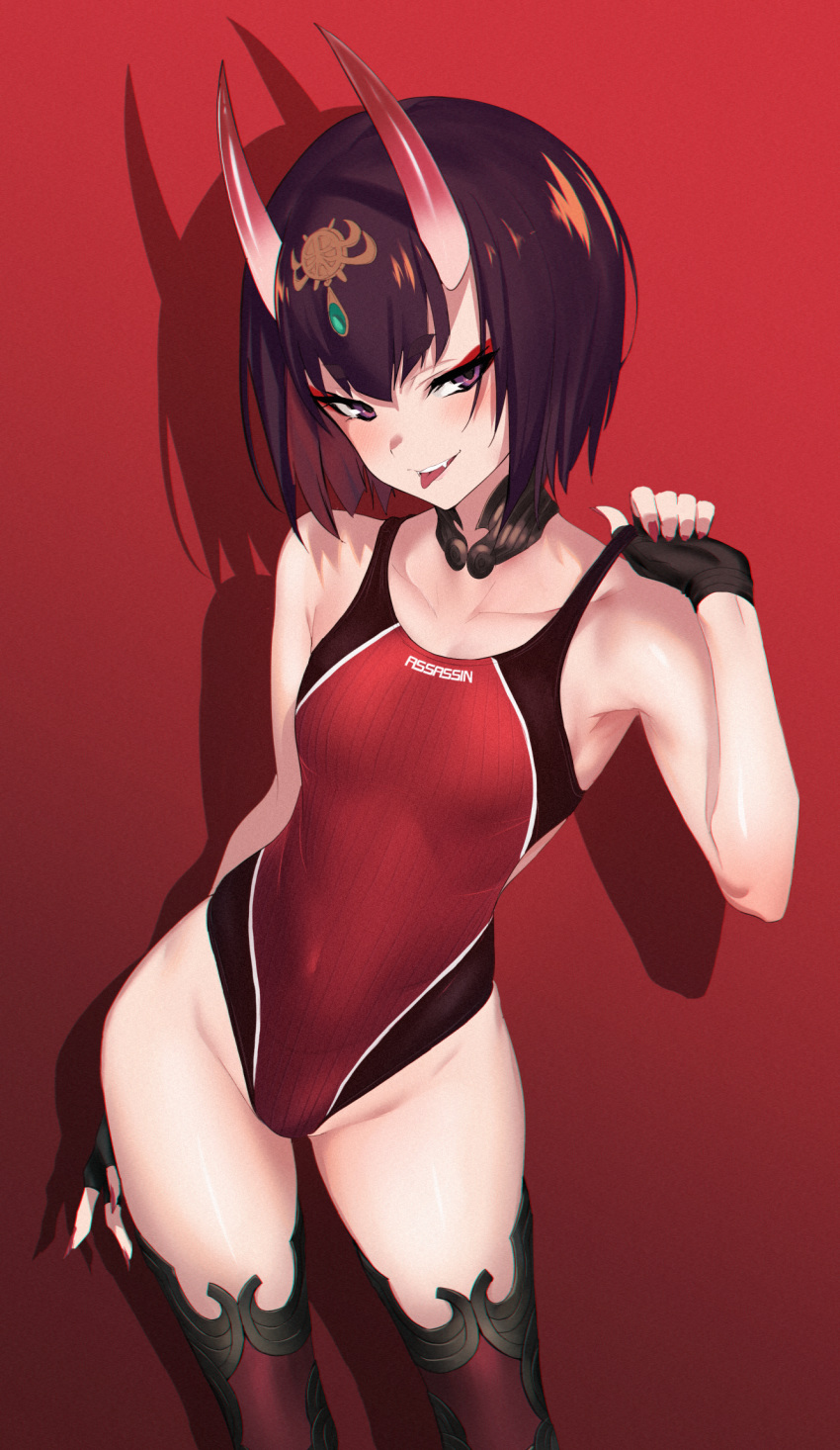 bangs black_gloves black_legwear black_swimsuit blush bob_cut breasts collarbone commentary_request competition_swimsuit covered_navel detached_collar eyeliner fang fate/grand_order fate_(series) fingerless_gloves gloves gradient gradient_background headpiece highleg highleg_swimsuit highres hips looking_at_viewer makeup nail_polish one-piece_swimsuit oni_horns open_mouth pink_nails purple_eyes purple_hair red_background red_swimsuit shadow short_eyebrows short_hair shuten_douji_(fate/grand_order) small_breasts smile solo strap_pull swimsuit thighs tongue tongue_out two-tone_swimsuit ulrich_(tagaragakuin)