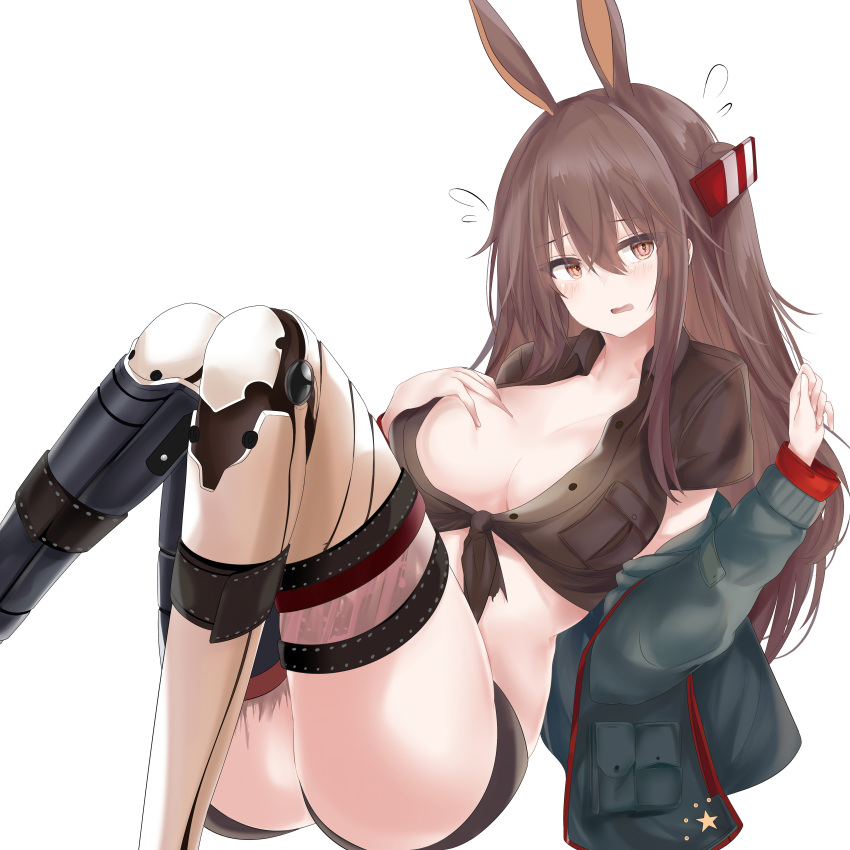 animal_ears ass bangs blush breasts brown_eyes brown_hair brown_shirt brown_shorts cleavage collarbone collared_shirt commentary_request damaged eyebrows_visible_through_hair eyes_visible_through_hair flying_sweatdrops girls_frontline hair_between_eyes hair_ornament hand_on_own_chest hand_up highres horse_ears jacket knees_up large_breasts long_hair looking_at_viewer mechanical_legs mole mole_under_eye no_bra off_shoulder open_mouth ru_zhai shirt short_shorts shorts sidelocks simple_background sitting thighs tied_shirt torn_clothes type_88_(girls_frontline) white_background