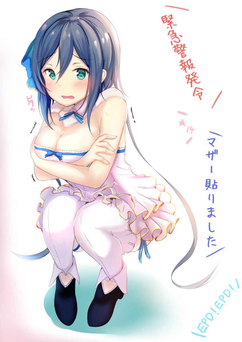 arms_under_breasts bangs bare_arms blue_bow blue_footwear blue_hair bow breasts cleavage commentary_request detached_collar dress embarrassed frilled_dress frilled_legwear frills full_body gold_trim green_eyes hair_between_eyes hair_bow highres leg_garter low_twintails medium_breasts mother_(pso2) neck_ribbon phantasy_star phantasy_star_online_2 pleated_dress ribbon short_dress short_hair short_hair_with_long_locks sidelocks skirt solo squatting thighhighs translation_request twintails white_dress white_legwear yuano