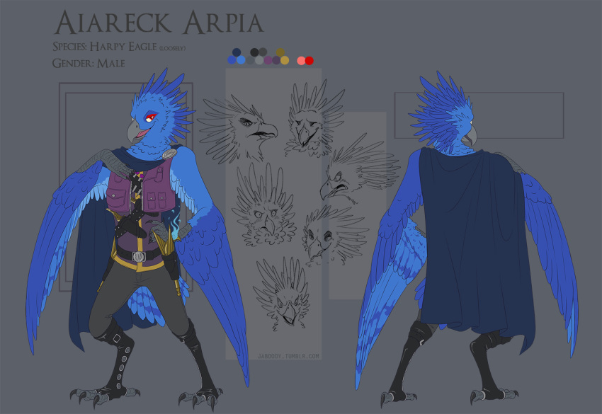2018 aiareck_arpia anthro avian belt bird blue_feathers blush cape clothed clothing dart digital_media_(artwork) digitigrade eagle eyeliner fantasy feathers fully_clothed gun hand_on_hip handgun harpy_eagle jaboody knife makeup male model_sheet pistol ranged_weapon red_eyes smile solo standing vest watermark weapon