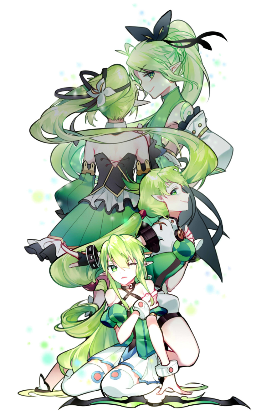 absurdres anemos_(elsword) arm_support armpit_peek back bangs bare_shoulders bow_(weapon) bracelet breasts chuki_(lydia) combat_ranger_(elsword) detached_sleeves dress elf elsword flower frown green_dress green_eyes green_hair green_shirt green_sleeves hair_between_eyes hair_flower hair_ornament halterneck hand_on_own_arm high_ponytail highres jewelry long_hair looking_at_viewer multiple_girls multiple_persona one_eye_closed parted_lips pleated_skirt pointy_ears ponytail profile puffy_short_sleeves puffy_sleeves rena_(elsword) shirt short_sleeves side_ponytail sidelocks simple_background sitting skirt sleeveless sleeveless_turtleneck smile strapless strapless_dress tattoo thighhighs turtleneck very_long_hair wariza weapon white_background white_legwear white_skirt wide_sleeves wind_sneaker_(elsword) wrist_cuffs zettai_ryouiki