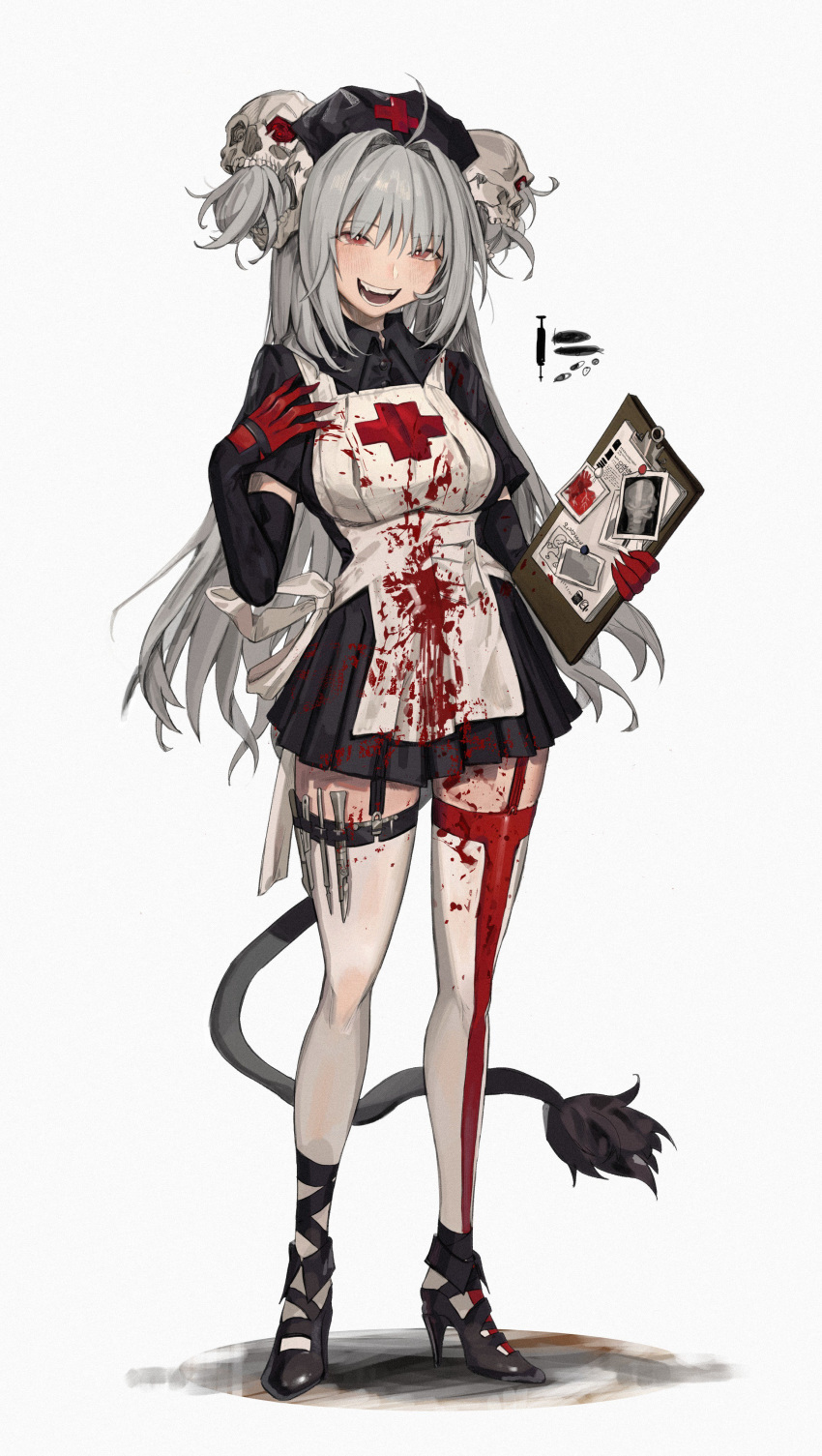 absurdres apron asymmetrical_legwear blood blood_splatter bloody_clothes clipboard double_bun dress freng grey_hair hat highres long_hair nurse_cap original red_cross scalpel tail thighhighs white_legwear