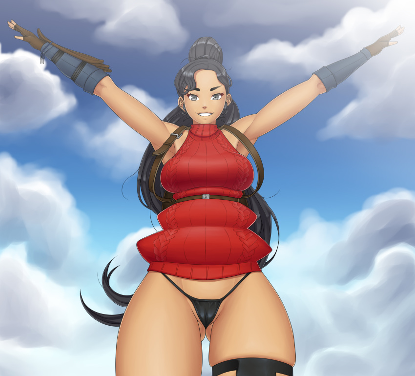 absurdres armpits arms_up ass ass_visible_through_thighs bare_shoulders black_hair blue_sky breasts cameltoe cloud cloudy_sky cowboy_shot dark_skin day emojo fingerless_gloves from_below gloves grey_eyes hands_up high_ponytail highres large_breasts long_hair looking_at_viewer original outstretched_arms ponytail self_upload skindentation sky sleeveless sleeveless_turtleneck smile solo spread_arms standing sweater teeth thick_thighs thigh_strap thighhighs thighs turtleneck turtleneck_sweater very_long_hair