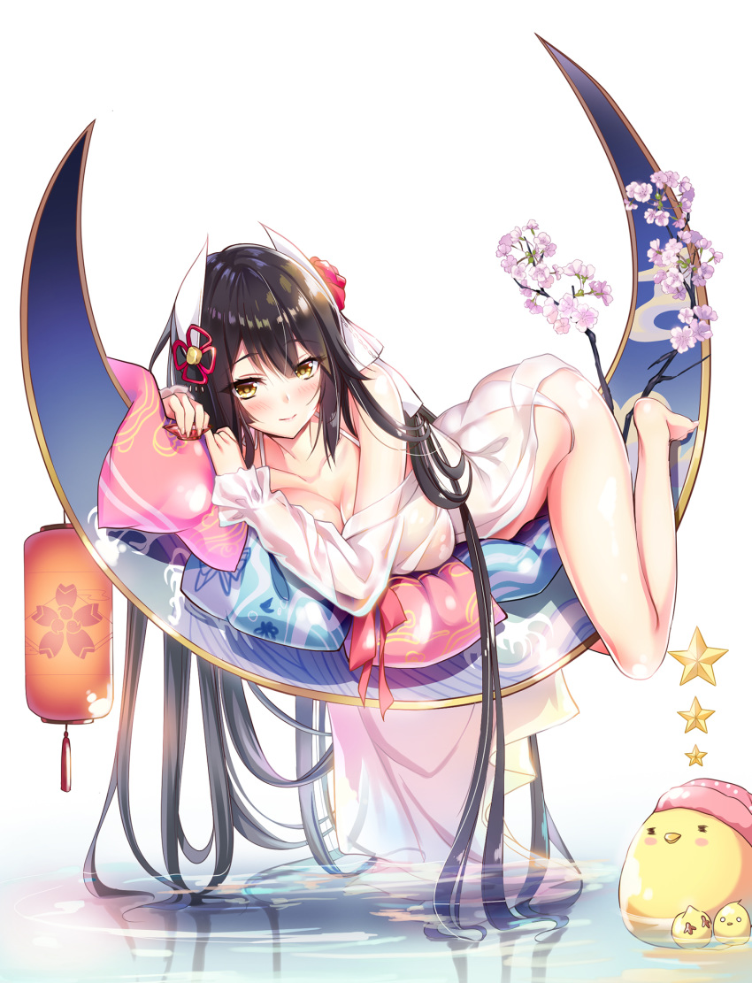 ass azur_lane bangs bare_legs bare_shoulders barefoot bikini black_hair blouse branch breasts cherry_blossoms cleavage collarbone commentary_request eyebrows_visible_through_hair flower frilled_sleeves frills full_body hair_flower hair_ornament halter_top halterneck hiei_(azur_lane) highres horns lamp large_breasts long_hair long_sleeves looking_at_viewer lying moon on_stomach pink_lips pink_pillow see-through shiny shiny_skin simple_background smile solo swimsuit very_long_hair water white_bikini white_blouse yellow_eyes youta