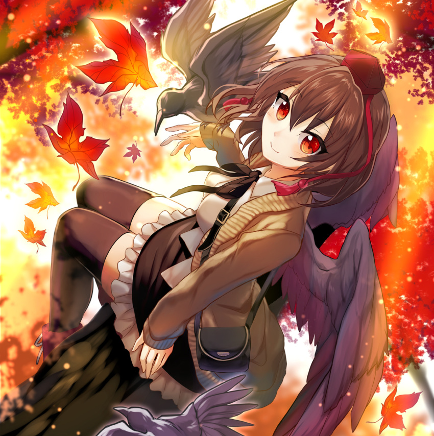 autumn_leaves bag bangs bird black_hair black_ribbon black_skirt black_wings blush boots breasts brown_jacket commentary_request crow eyebrows_visible_through_hair feathered_wings from_above fuupu hair_between_eyes hat highres jacket leaf leaf_background long_sleeves looking_at_viewer medium_breasts miniskirt neck_ribbon open_clothes open_jacket petticoat red_eyes red_footwear ribbon satchel shameimaru_aya shirt short_hair sitting skirt sleeves_past_wrists smile solo sweater_jacket tassel thighhighs thighs tokin_hat touhou white_shirt wings zettai_ryouiki