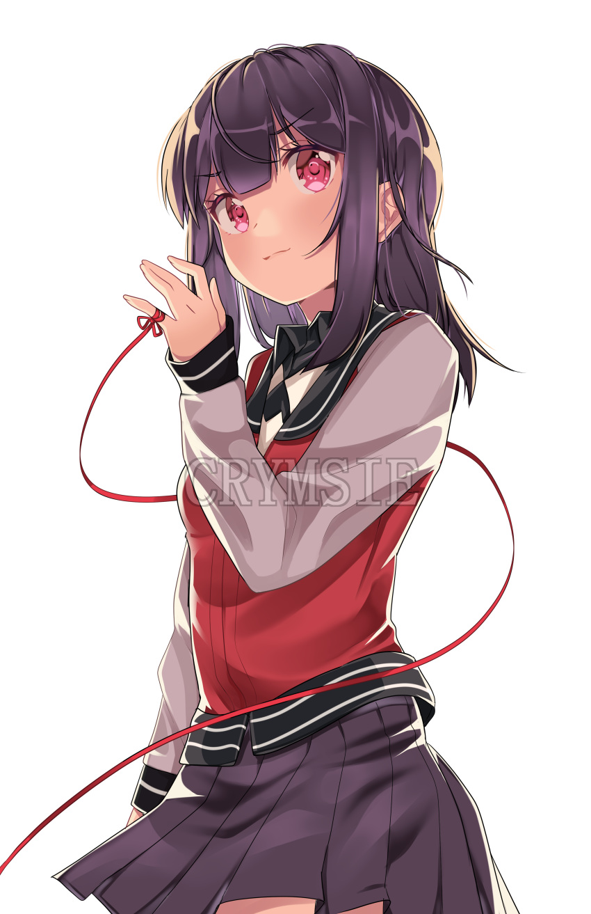 :3 absurdres artist_name bad_id bad_pixiv_id black_hair black_skirt blush borrowed_character closed_mouth eyebrows_visible_through_hair highres looking_at_viewer original pink_eyes rachel_bouvier red_string short_hair skirt smile solo string watermark