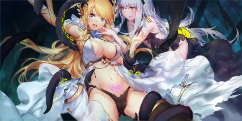 :p absurdres arm_up armpits azur_lane bangs black_panties blonde_hair blue_eyes breasts cameltoe cleavage commentary cowboy_shot eyebrows_visible_through_hair highres large_breasts long_hair midriff multiple_girls navel observer_alpha_(azur_lane) open_mouth panties pubic_tattoo restrained sidelocks silver_hair siren_(azur_lane) small_breasts swd3e2 swept_bangs tattoo tentacles tongue tongue_out underwear victorious_(azur_lane) yellow_eyes