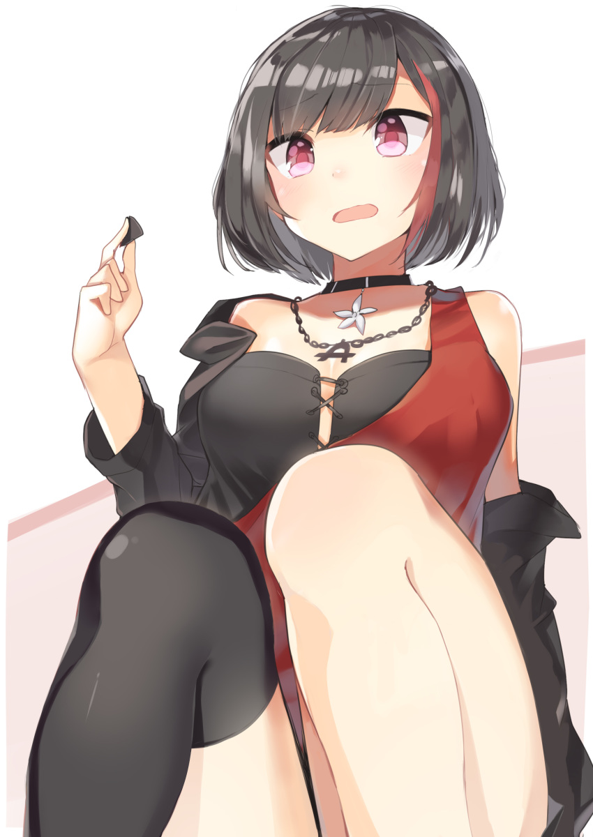 absurdres asymmetrical_clothes asymmetrical_legwear bang_dream! bangs bare_shoulders black_choker black_hair black_legwear black_shirt blush breasts choker dress eyebrows_visible_through_hair hair_between_eyes hand_up highres holding kura_ekaki long_sleeves medium_breasts mitake_ran multicolored_hair open_mouth plectrum red_dress red_eyes red_hair shirt short_hair simple_background single_thighhigh sitting solo streaked_hair thighhighs white_background