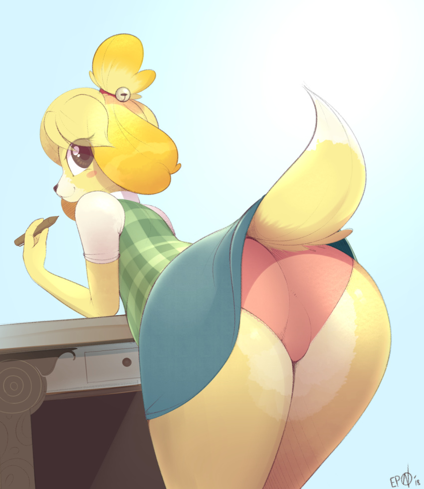 2018 animal_crossing anthro b-epon butt canine clothed clothing cute dog female isabelle_(animal_crossing) mammal nintendo panties perspective raised_tail secretary skirt solo tail_upskirt underwear upskirt video_games