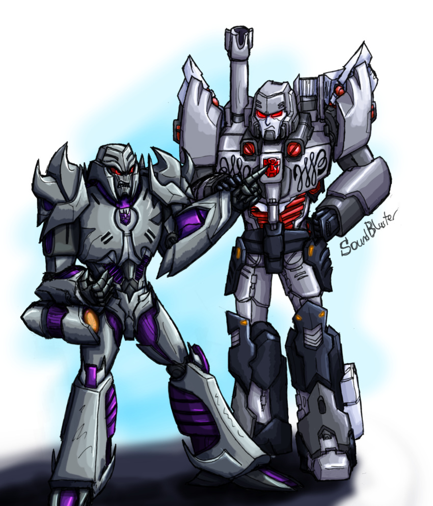 arm_cannon artist_name autobot blank_eyes cannon commentary decepticon deviantart_username english_commentary full_body glowing hand_up highres insignia machinery male_focus mecha megatron megatron_(idw) megatron_(prime) multiple_boys multiple_persona no_humans no_pupils oldschool open_mouth red_eyes science_fiction size_difference sketch soundbluster the_transformers_(idw) transformers weapon