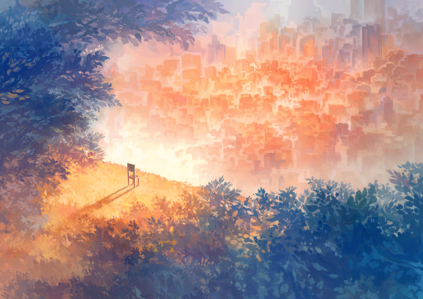 building chair city cityscape cliff commentary forest grass green heriki_(trkj) highres impressionism leaf nature no_humans orange_(color) original pastel_colors scenery shadow skyscraper sunset tree tree_branch tree_shade wooden_chair