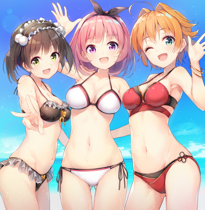 :d ;d ahoge aqua_eyes arm_up armpits ass_visible_through_thighs bangle bangs bare_arms bare_shoulders bikini black_bikini black_hairband black_ribbon blue_sky bow bow_bikini bracelet breasts brown_hair character_request cleavage commentary_request copyright_request cowboy_shot day eyebrows_visible_through_hair frilled_bikini frilled_hairband frills green_eyes groin hair_intakes hair_ribbon hairband highres jewelry kanna_(kanna_channel) kanna_channel looking_at_viewer medium_breasts multiple_girls navel nijihashi_sora ocean one_eye_closed open_mouth orange_bow orange_hair outdoors outstretched_arm pink_hair purple_eyes red_bikini ribbon short_hair side-tie_bikini sky smile stomach string_bikini swimsuit thighs two_side_up v virtual_youtuber water_drop waving wet white_bikini