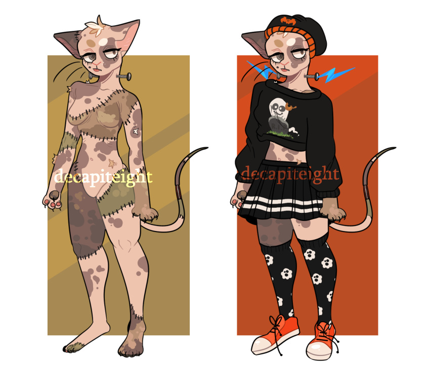 beauty_mark cat clothed clothing crop_top decapiteight digital_media_(artwork) eyebrows eyelashes feline frankenstein fur hair halloween holidays legwear lidded_eyes mammal model_sheet monster shirt skirt sphynx spots stitches stockings tongue tongue_out top tuft wrinkles