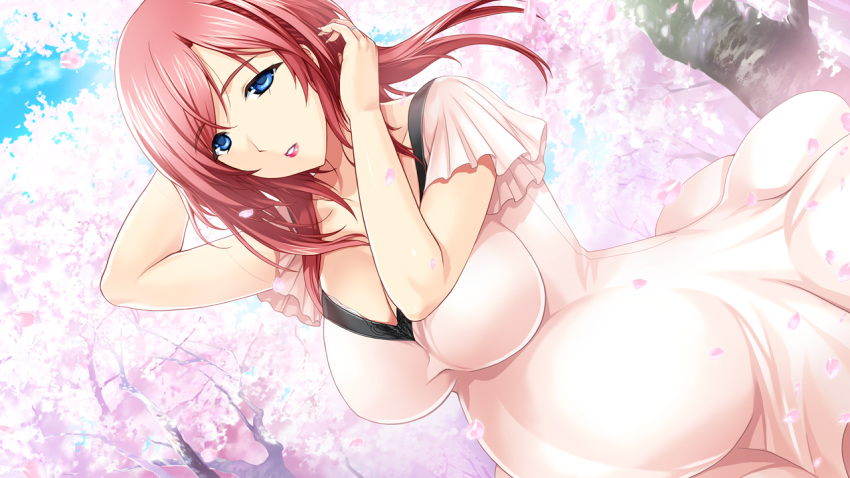 1girl arima_shiori arms_up blue_eyes breasts cleavage cowboy_shot day dress dutch_angle floating_hair game_cg heartful_maman highres jewelry large_breasts lips lipstick long_dress long_hair looking_at_viewer makeup onigirikun outdoors parted_lips petals pregnant red_hair red_lips ring short_sleeves solo standing trees wedding_ring wind