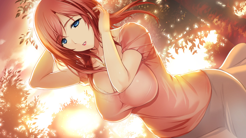 1girl arima_shiori blue_eyes bra breasts cowboy_shot dutch_angle evening floating_hair game_cg heartful_maman highres hips large_breasts lips lipstick long_hair looking_at_viewer makeup onigirikun outdoors parted_lips pink_shirt red_hair red_lips see-through shirt skirt solo standing sunlight trees underwear white_bra white_skirt wind