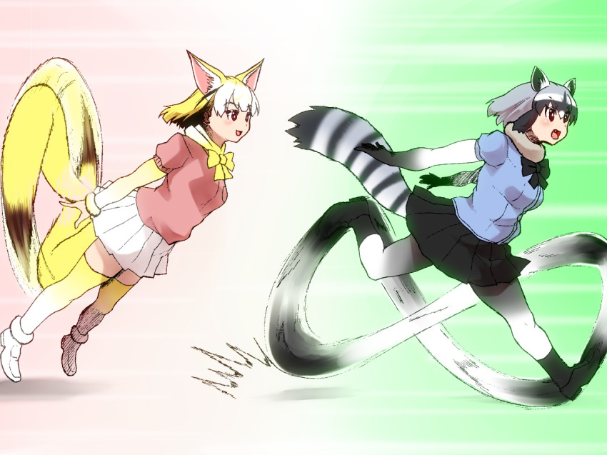 animal_ears black_skirt bow brown_eyes commentary_request common_raccoon_(kemono_friends) extra_ears eyebrows_visible_through_hair fang fennec_(kemono_friends) flying fox_ears fox_tail fur_collar hair_between_eyes isuna kemono_friends motion_blur multiple_girls open_mouth pink_sweater raccoon_ears raccoon_tail running short_hair skirt sonic_the_hedgehog striped_tail sweater tail thighhighs white_skirt yellow_legwear yellow_neckwear