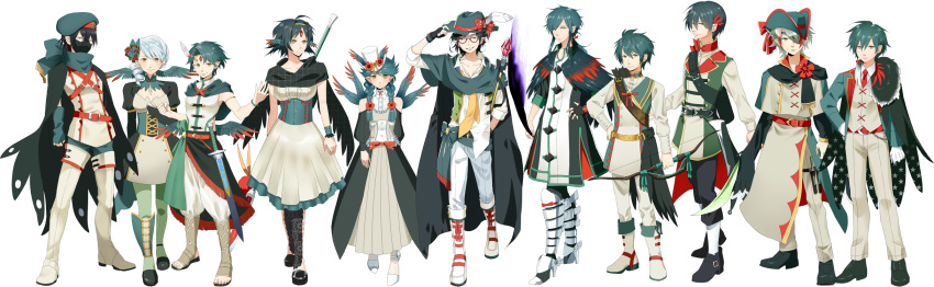 6+boys arm_at_side belt black_cape black_footwear black_wings boots bow bow_(weapon) bracelet breasts cape cleavage clenched_hand decidueye drill_hair flower forehead_jewel glasses gloves green_legwear grey_skirt hand_on_headwear hand_on_hip hat hat_bow highres jewelry knife mask medium_breasts multiple_boys multiple_girls muwakahiro personification pokemon quiver red_bow sheath sheathed shoes skirt small_breasts standing star star_print sword thigh_strap tricorne wand weapon white_footwear white_gloves white_hair white_hat white_skirt wings wristband