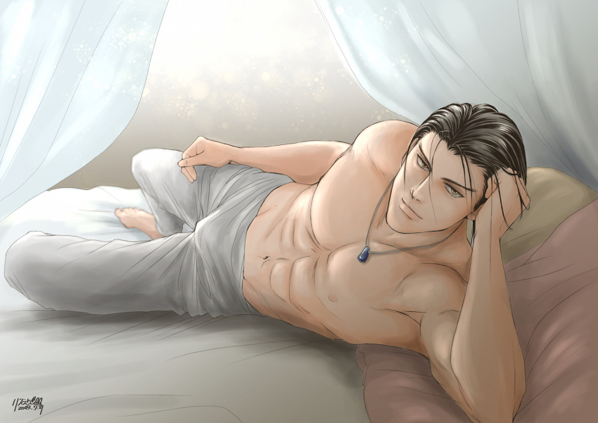 abs arslan_senki barefoot black_hair brown_eyes bulge chest daryoon dated grey_pants jewelry looking_at_viewer male_focus muscle navel necklace on_bed pants risuusagi2 shirtless solo