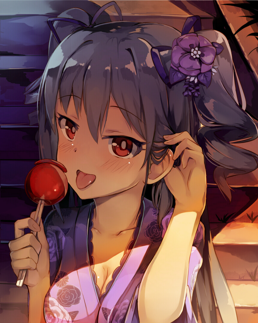 :p blush breasts candy_apple cleavage commentary_request eyebrows_visible_through_hair flower food hair_flower hair_ornament hair_ribbon highres idolmaster idolmaster_cinderella_girls japanese_clothes kanzaki_ranko kimono looking_at_viewer medium_breasts open_mouth purple_kimono purple_ribbon red_eyes ribbon seneto short_hair silver_hair solo tongue tongue_out twintails upper_body yukata