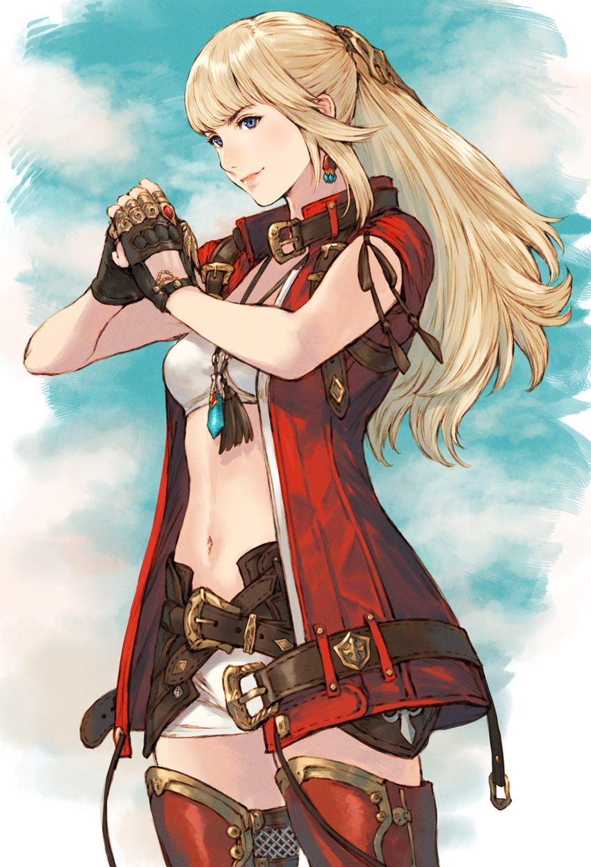 bandeau belt blonde_hair blue_eyes blue_sky boots cowboy_shot earrings final_fantasy final_fantasy_xiv fingerless_gloves fist_in_hand gloves hair_ornament highres jewelry leg_armor long_hair looking_at_viewer lyse_hext makimura_shunsuke midriff navel pendant short_shorts shorts sky sleeveless smile solo standing strapless thigh_boots thighhighs