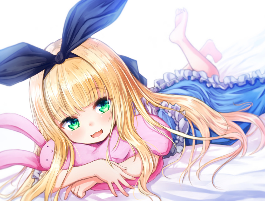 :3 :d bangs baram barefoot bed_sheet black_ribbon blonde_hair blue_dress blurry blurry_background blush commentary_request depth_of_field dress eyebrows_visible_through_hair frilled_dress frills green_eyes hair_ribbon legs_up long_hair lying mononobe_alice nijisanji object_hug on_stomach open_mouth ribbon smile soles solo stuffed_animal stuffed_bunny stuffed_toy very_long_hair virtual_youtuber white_background