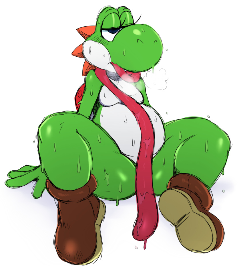 2015 anthro dinosaur female feral green_yoshi hi_res long_tongue mario_bros nintendo scalie simple_background sitting slightly_chubby solo sssonic2 sweat tongue tongue_out video_games white_background yoshi