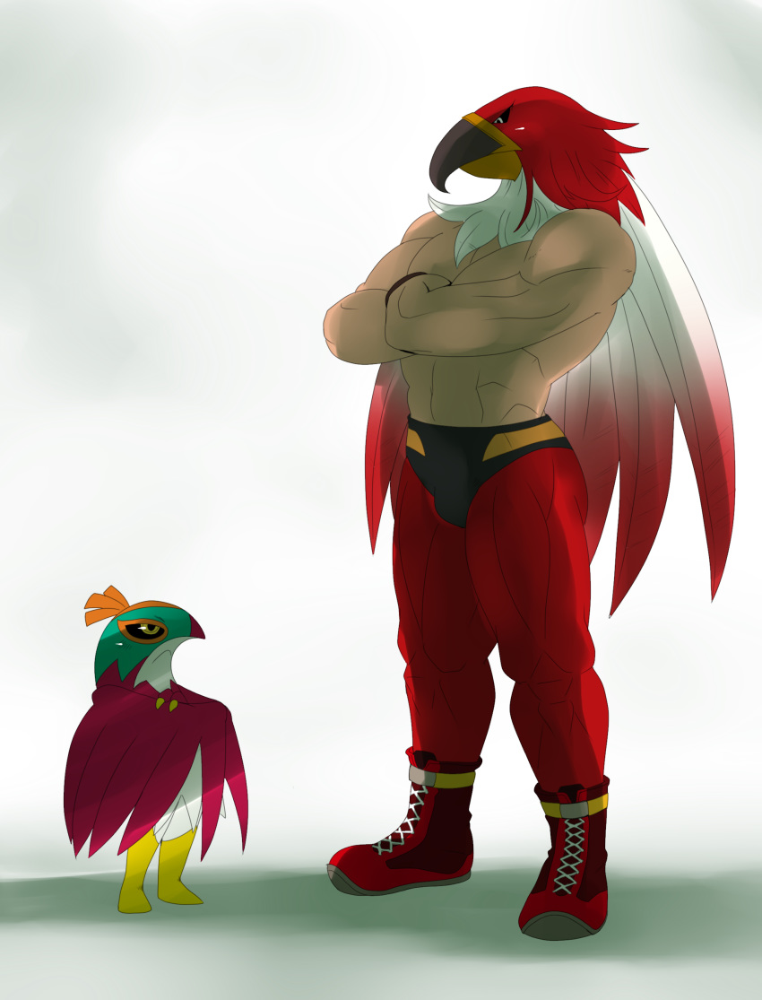 abs ambiguous_gender angry anthro athletic avian beak biceps bird black_eyes boots bulge claws clothed clothing crossed_arms crossover digital_media_(artwork) duo fatal_fury feathered_wings feathers footwear frown fur garou:_mark_of_the_wolves green_eyes hawlucha hi_res human king_of_fighters looking_down looking_up male mammal manly mask muscular navel nintendo nude orange_fur pants pecs pok&eacute;mon pok&eacute;mon_(species) red_body red_fur shadow sharp_claws shiny shoes simple_background size_difference sssonic2 standing the_griffon_mask tizoc topless video_games white_background white_fur wings wrestler yellow_eyes