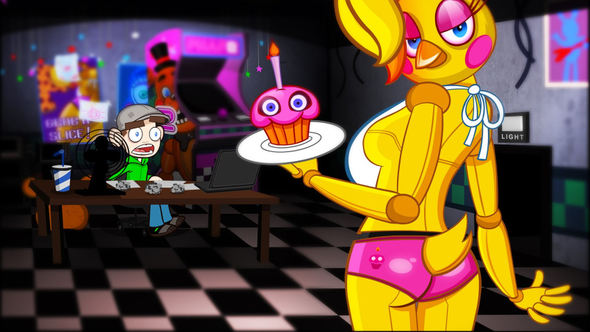 5_fingers avian beak breasts butt clothing cupcake detailed_background eyelashes female five_nights_at_freddy's five_nights_at_freddy's_2 food hair jacksepticeye looking_at_viewer machine open_mouth robot side_boob toy_chica_(fnaf) video_games
