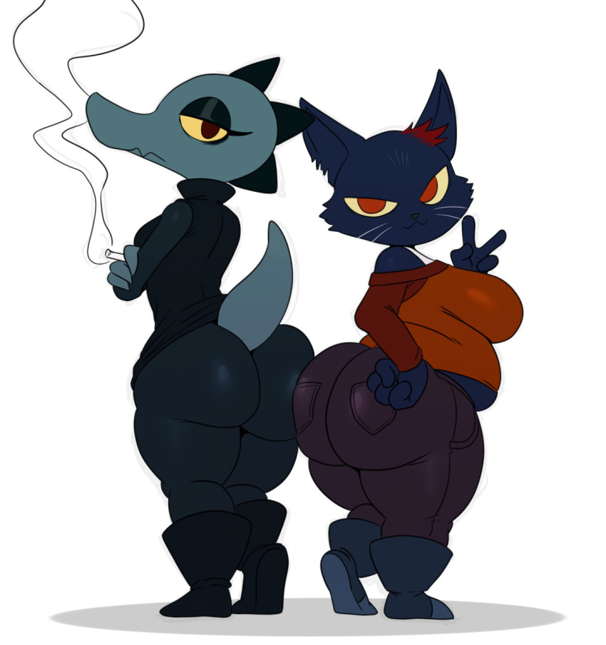 2018 anthro bea_(nitw) big_breasts big_butt breasts butt cigarette clothed clothing digital_media_(artwork) duo feline female fur hair hi_res looking_at_viewer mae_(nitw) mammal night_in_the_woods red_eyes reptile scalie shirt simple_background smoking sssonic2 thick_thighs video_games whiskers white_background wide_hips