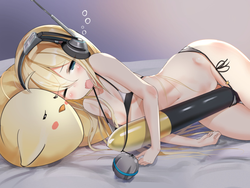 albacore_(azur_lane) azur_lane bed between_legs blue_eyes blush breasts collarbone commentary_request headphones long_hair lying navel on_bed open_mouth pillow schreibe_shura simple_background sleeping small_breasts swimsuit torpedo
