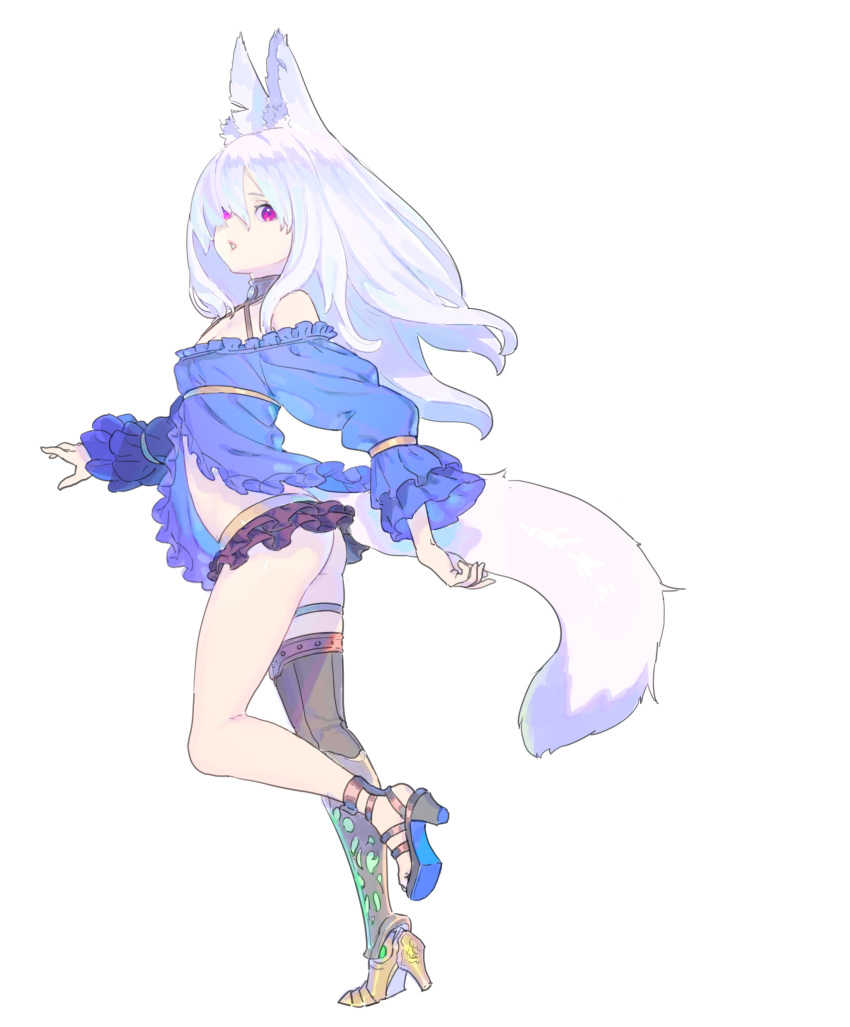 animal_ear_fluff animal_ears ass bangs bare_shoulders black_skirt frilled_skirt frilled_sleeves frills full_body gold_trim hair_over_one_eye high_heels highres long_hair long_sleeves looking_at_viewer microskirt nagisa_kurousagi original parted_lips purple_eyes silver_hair simple_background single_thighhigh skirt solo tail thighhighs white_background wolf_ears wolf_tail